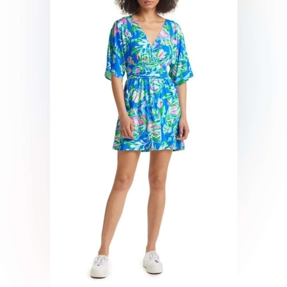Lilly Pulitzer Parigi Floral Skort Romper Blue Fancy Fins Small Stretch EUC